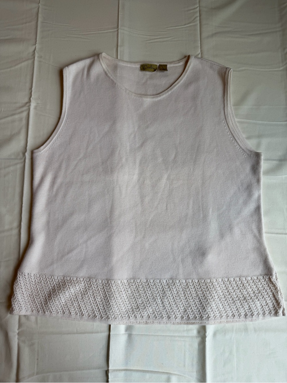 Caslon L Cream 100% Cotton Knit Tank Crochet Hem Sleeveless Top - Picture 3 of 11